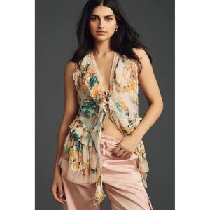 Anthropologie Womens XS Floral Lace Trim Ruffle Hem Top